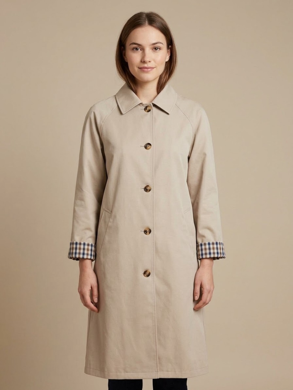 Classic Tan Trench Coat Plaid Pattern Cuffs Minimalism Parisian Style Jacket